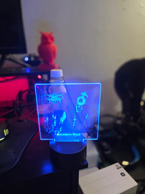 Custom LED acrylic night lamp — square panel with metal band design glowing blue