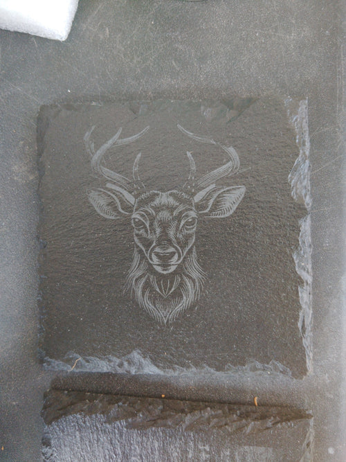 Custom laser engraved slate — square piece with stag portrait engraving