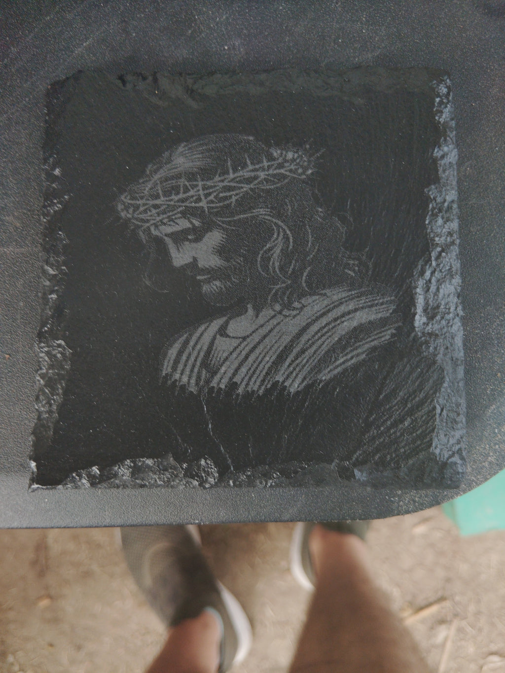 Custom laser engraved slate — square piece with religious figure engraving
